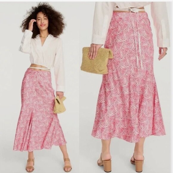 J. Crew Silky Flare Slip Skirt Pink Dandelion Swirl Sz S Trumpet‎ Midi Coquette - Picture 1 of 16